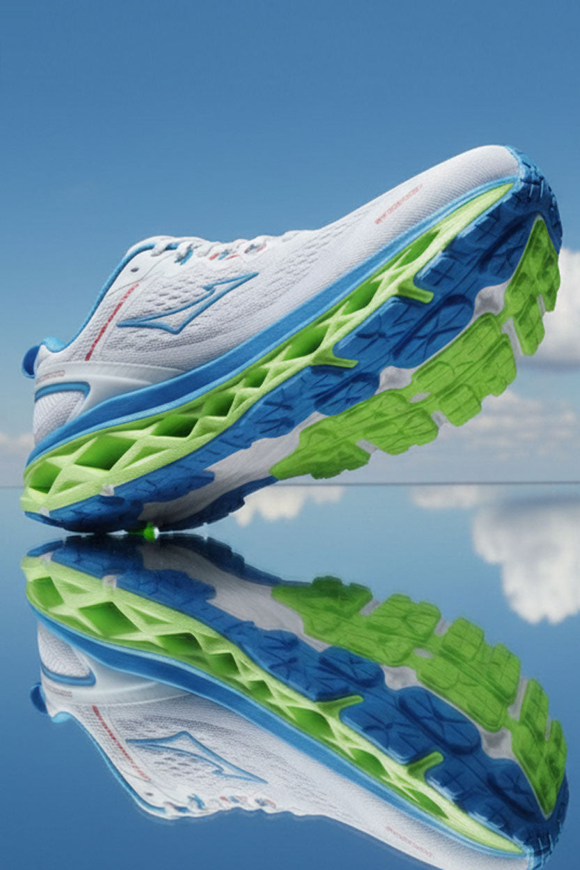 Low-angle perspective of an athletic sneaker reflecting on a mirrored surface under a clear blue sky, highlighting the vibrant neon green and blue sole design.