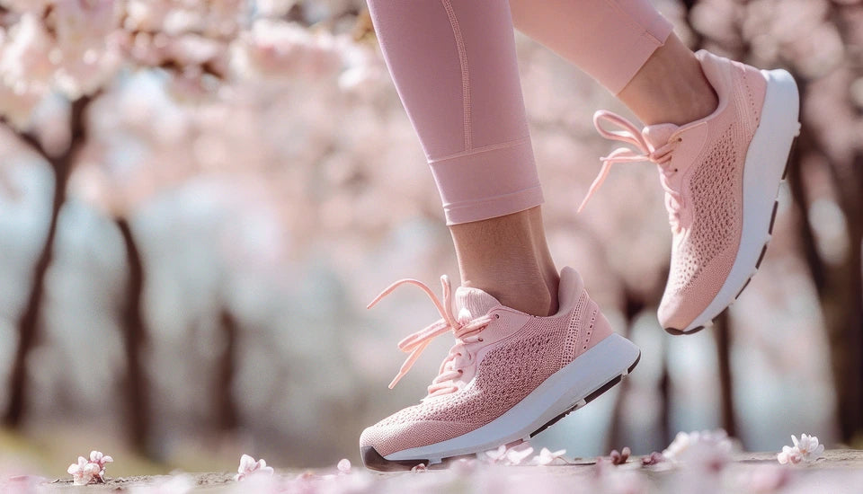Pink sneakers being worn on a blurred background of cherry blossoms